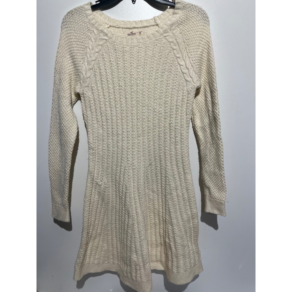 Hollister Womens Cream Textured Knit Long Sleeve Fit and Flare Sweater Dress M